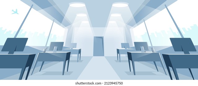 Interior de oficina en la ilustración vectorial de perspectiva distorsionada, espacio interior moderno en el lugar de trabajo.