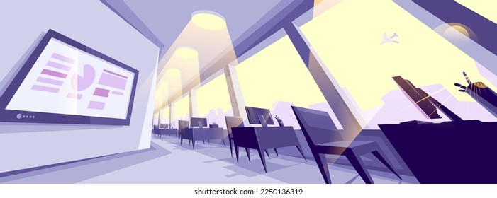 Office interior in distorted perspective vector illustration with space for text mockup, modern workplace inner space.