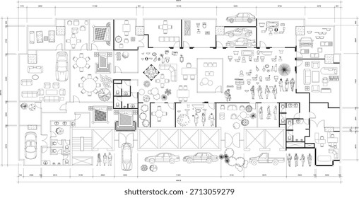 Marco estructural del dibujo interior de la oficina y símbolos del diseño