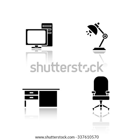 Office interior elements drop shadow icons set. Desktop computer with monitor, modern lamp, work table, armchair on wheels. Cast shadow logo concepts. Workplace vector silhouette illustrations