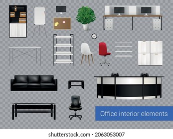 Office interior elements realistic set of furniture items on transparent background isolated vector illustration