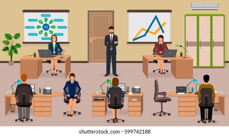 Office interior with employee and boss. Teamwork business situation. Flat vector illustration.