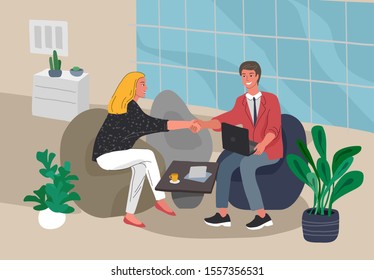 Office interior with an employee sitting at desks and communicating with a client or colleagues. Business transaction or service. Vector cartoon concept illustration for business, finance, cover or