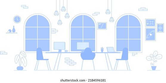 Interior de oficina. No hay personas vacías que abran el espacio de la habitación de gabinete con muebles. Concepto interior de muebles de estación de trabajo de oficina. Zona de coworking moderna. Ilustración de dibujos animados horizontales planos vectoriales