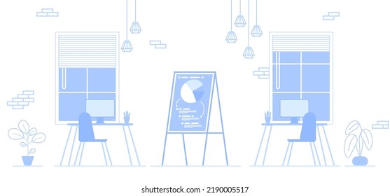 Office interior. Empty no people open space cabinet room with furniture. Office workstation furniture interior concept. Modern coworking area. Vector flat horizontal cartoon illustration