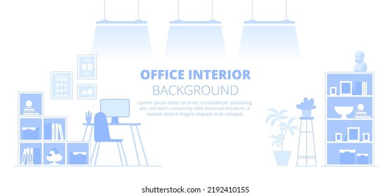 Office interior. Empty no people open space cabinet room with furniture. Office workstation furniture interior concept. Modern coworking area. Vector flat horizontal cartoon illustration