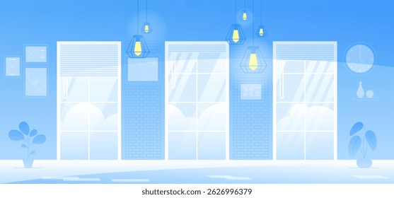 Office interior. Empty no people open space cabinet room with furniture. Office workstation furniture interior concept. Modern coworking area. Vector flat horizontal cartoon illustration