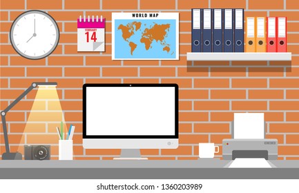 Office interior with office equipments. Office monitor, printer, folder world map etc. Vector illustration.