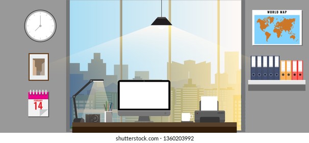 Office interior with office equipments. Office monitor, printer, folder world map etc. Vector illustration.