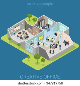 Office interior flat 3d isometry isometric business company corporate department concept web vector illustration. Creative people collection.