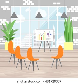 Office interior in flat design, infographic presentation, view from the window on megapolis. Flat business concept vector illustration.