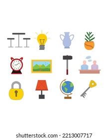 office interior flat icon set. office interior set isolated on white background.  Perfect for coloring book, textiles, icon, web, painting, books, t-shirt print.