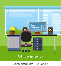 Office interior in flat style. Modern business workspace with window. Tidy organized workplace for creative worker. Modern furniture and equipment in the room. Working place with desktop. Vector