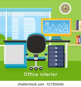 Office interior in flat style. Modern business workspace with window. Tidy organized workplace for creative worker. Modern furniture and equipment in the room. Working place with desktop. Vector