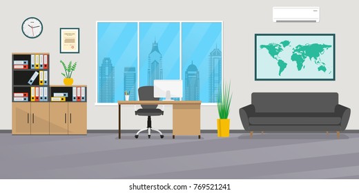 Office interior in flat style. Modern business workspace with office furniture: chair, desk, computer, bookcase, clock on the wall and window. Vector illustration.