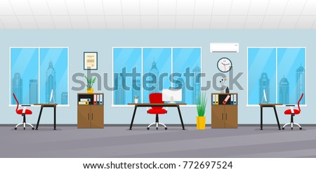 Office interior in flat style. Modern business workspace with office furniture: chair, desk, computer, bookcase, clock on the wall and window. Vector illustration.