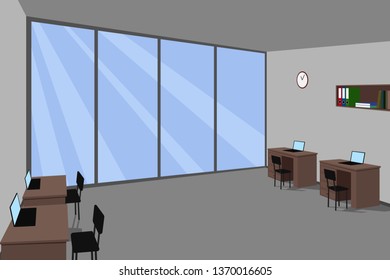 Office interior with four desks. Vector illustration.