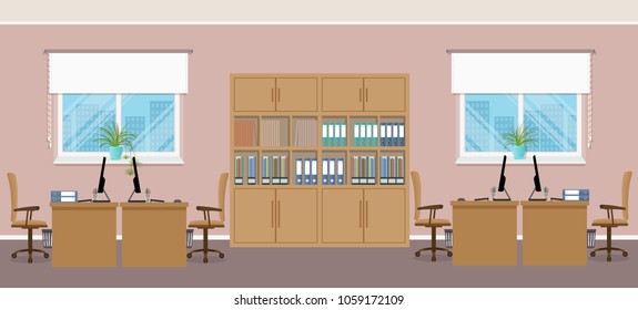 Office interior with four workplaces and office furniture. Office openspace design concept.