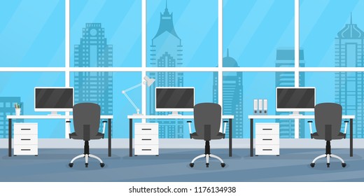 Office interior with furniture. Office desks, chairs and computers. Modern business workplace or workspace design. Vector illustration.