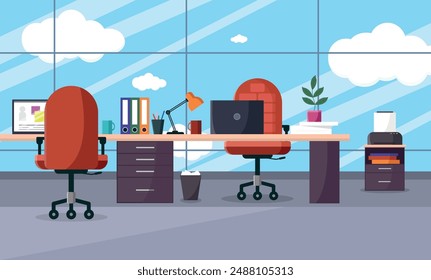 Office interior with furniture and equipment. Large windows. Vector illustration in flat style.