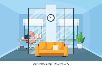 Office interior with furniture, equipment and windows. Workroom. Vector illustration.	