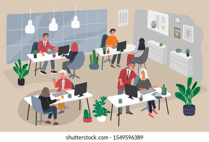 Office interior with group workers communicating or talking to client or conversations between teamwork at workplace. Vector cartoon concept illustration for business, finance, cover or banner