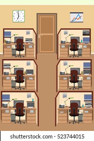 Office interior including six isolated work spaces with furniture. Flat vector illustration.