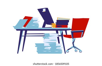 Office interior isolated on white background cartoon vector illustration. Workplace with table, computer, armchair, task cards glued to monitor, coffee cup