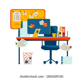 Office interior isolated on white background cartoon vector illustration. Workplace with table, computer, armchair, task cards glued to monitor, coffee cup