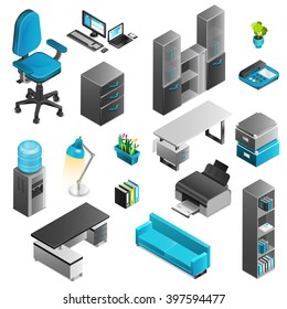 Office Interior Isometric Icons Set With Telephone Table And Sofa Isolated Vector Illustration 