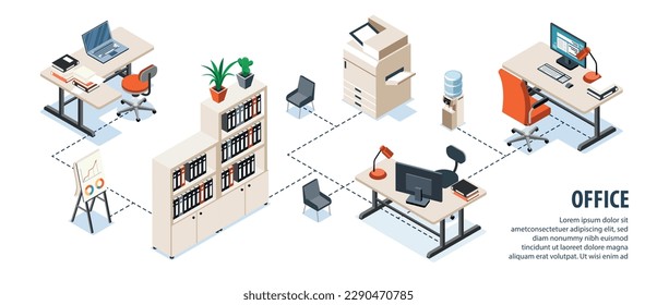 Infografías isométricas del interior de la oficina que demuestran mobiliario ergonómico moderno y equipamiento de oficina ilustración vectorial