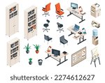Office interior items isometric set with workstation printer bookcase armchair water cooler presentation stand isolated vector illustration