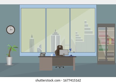 Office interior with a large window. The view from the window on the city.