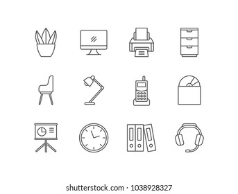 Office interior line icons set with potted plant, computer, printer, file cabinet, chair, lamp, phone, cd disc, presentation board, clock, headset.