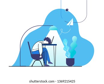 Office interior. Man sleeing. Vector.