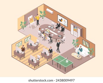 Interior de la oficina. Sala de reuniones con mesa redonda. Cooperación empresarial, asociación, trabajo en equipo. Los colegas trabajan juntos. Zona de salón y espacio de trabajo con ordenador. Ilustración vectorial isométrica