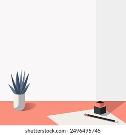 Office interior mockup with a table, pencil, and a plant. Vector illustration.