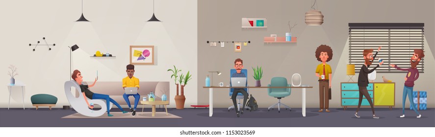 Office interior. Modern apartment, scandinavian or loft design. Cartoon vector illustration. Creative office and Co-working center. Comfortable workplace. Creative work