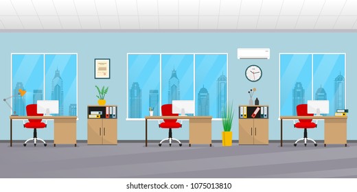 Office interior. Modern business background. Workspace with office chair, desk, computer, bookcase, clock on the wall and window. Vector illustration.