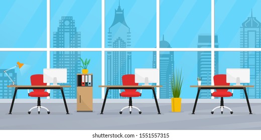 Office interior. Modern business workplace or workspace. Business room with desks and big window. Open space office concept. Vector illustration. 