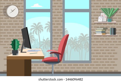 Office interior modern center with creative workplace environment, horizontal banner. Flat style vector illustration