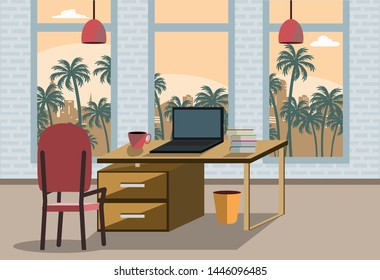 Office interior modern center with creative workplace environment, horizontal banner. Flat style vector illustration