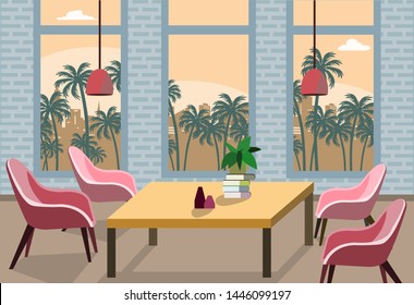 Office interior modern center with creative workplace environment, horizontal banner. Flat style vector illustration