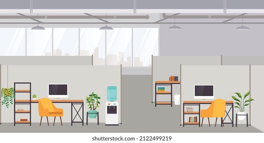 Office Interior Modern Creative Space With Workplace Without People. Office Space Overlooking City, Coworking Center.