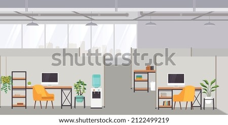 Office interior modern creative space with workplace without people. Office space overlooking city, coworking center.