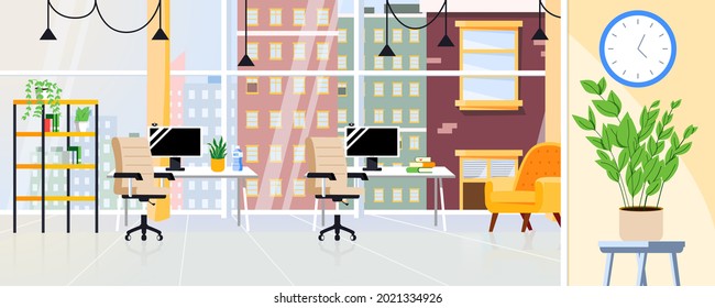 Office interior modern design. Coworking open space. Creative office pavilion. Empty business center background.