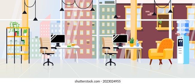 Office interior modern design. Coworking open space. Creative office pavilion. Empty business center background.