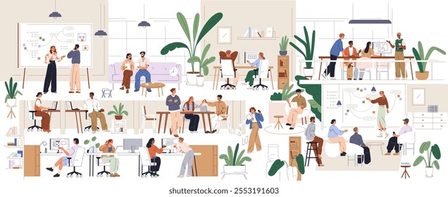 Office interior, modern open space. Professional workspace with employees. Corporate environment, workplace. Business team, daily work routine. Flat vector illustration isolated on white background