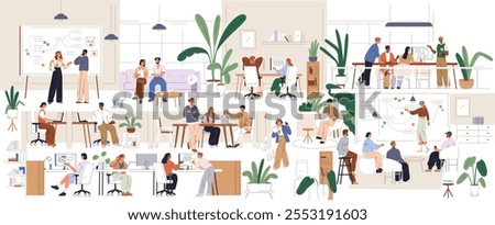 Office interior, modern open space. Professional workspace with employees. Corporate environment, workplace. Business team, daily work routine. Flat vector illustration isolated on white background