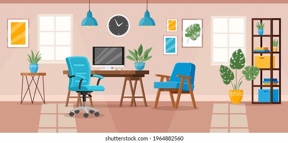 Office interior. Modern office workspace, workplace room interior with desk, chair, armchair and bookcase vector illustration. Workplace interior desk and chair, office furniture
